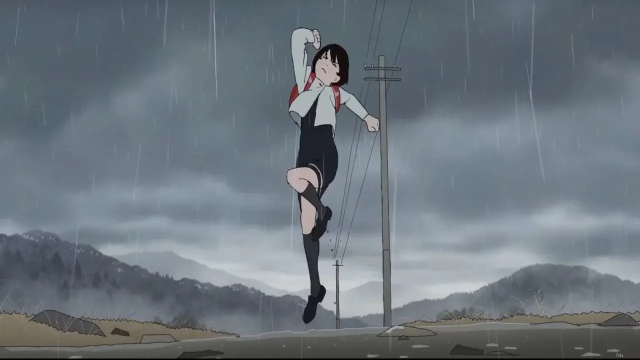 Fujino saltando bajo la lluvia junto a un poste eléctrico en un paisaje montañoso, escena icónica de la película Look Back