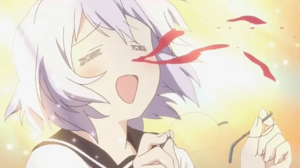 Chitose Ikeda de Yuru Yuri con sangrado nasal cómico por sus fantasías yuri, ejemplo del cliché de hemorragia nasal femenina en el anime