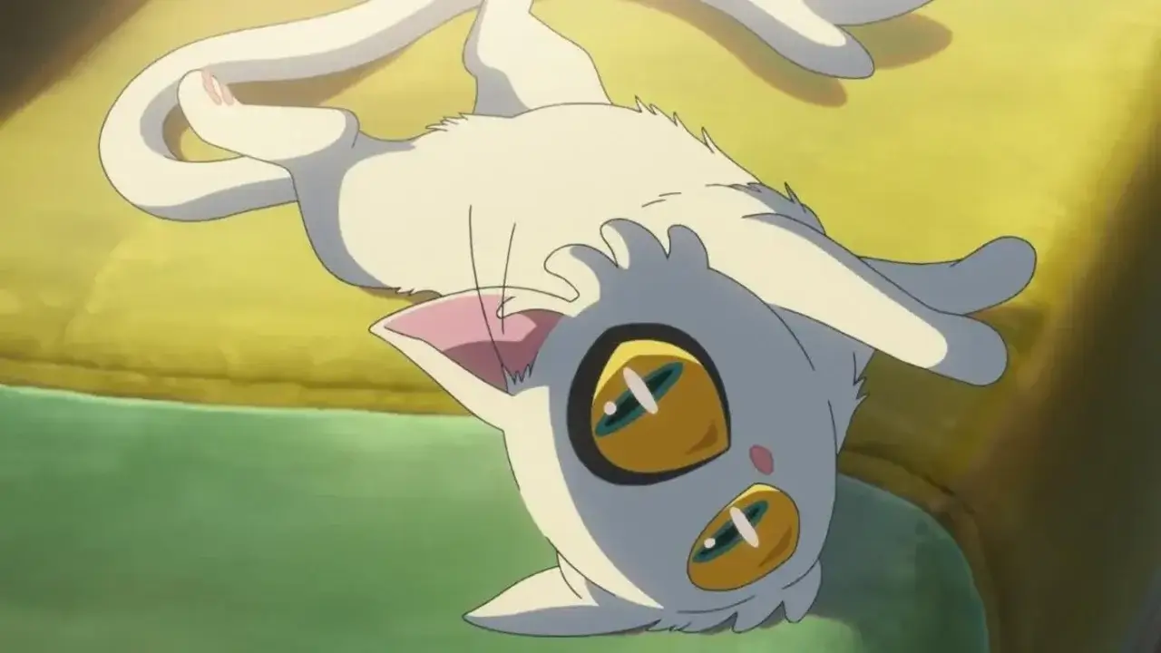 Daijin, el gato blanco en Suzume, boca arriba