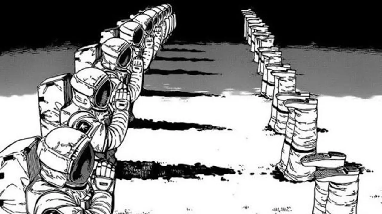 Astronautas partidos por la mitad rezando ante el Demonio de la Oscuridad, escena de terror cósmico del manga Chainsaw Man