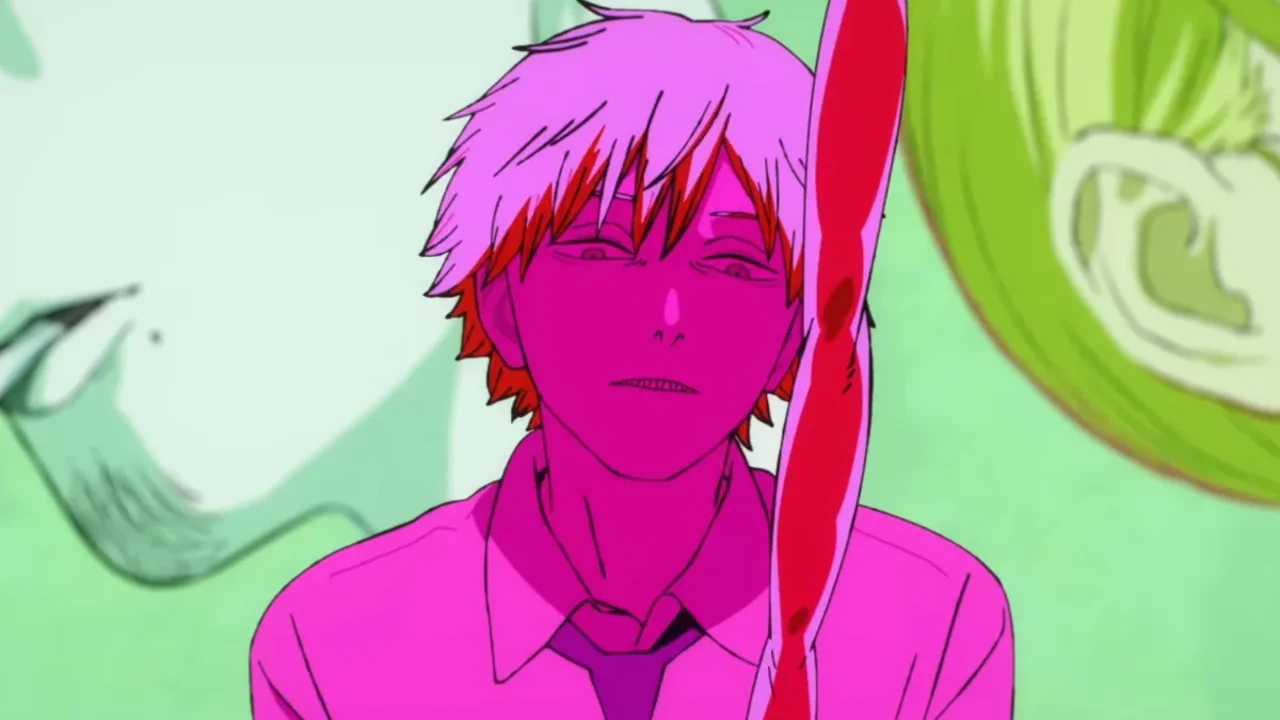 Denji iluminado con colores neón rosa y magenta en Chainsaw Man