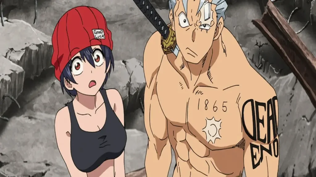 Fuuko Izumo y Andy sorprendidos entre escombros en Undead Unluck, con gorra Good Luck y tatuaje de 1865