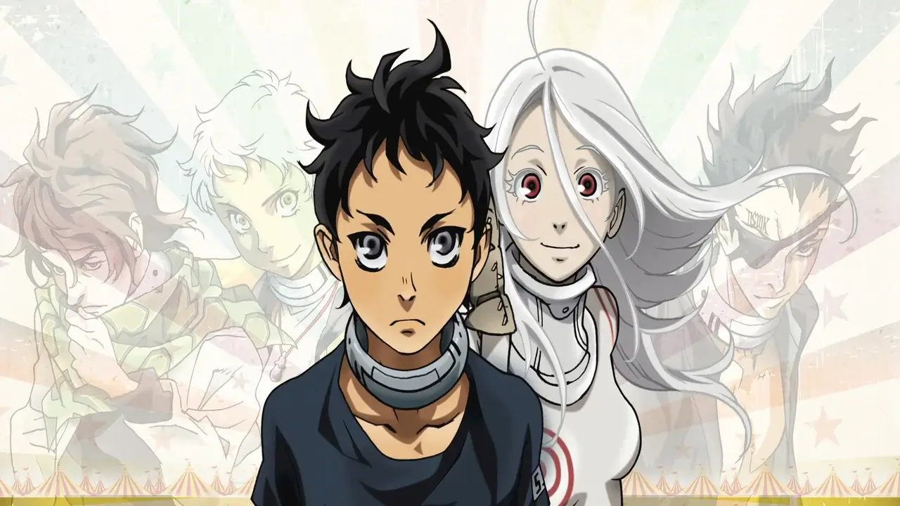 Ganta Igarashi y Shiro, personajes principales de Deadman Wonderland, con el fondo del circo de la prisión Deadman Wonderland