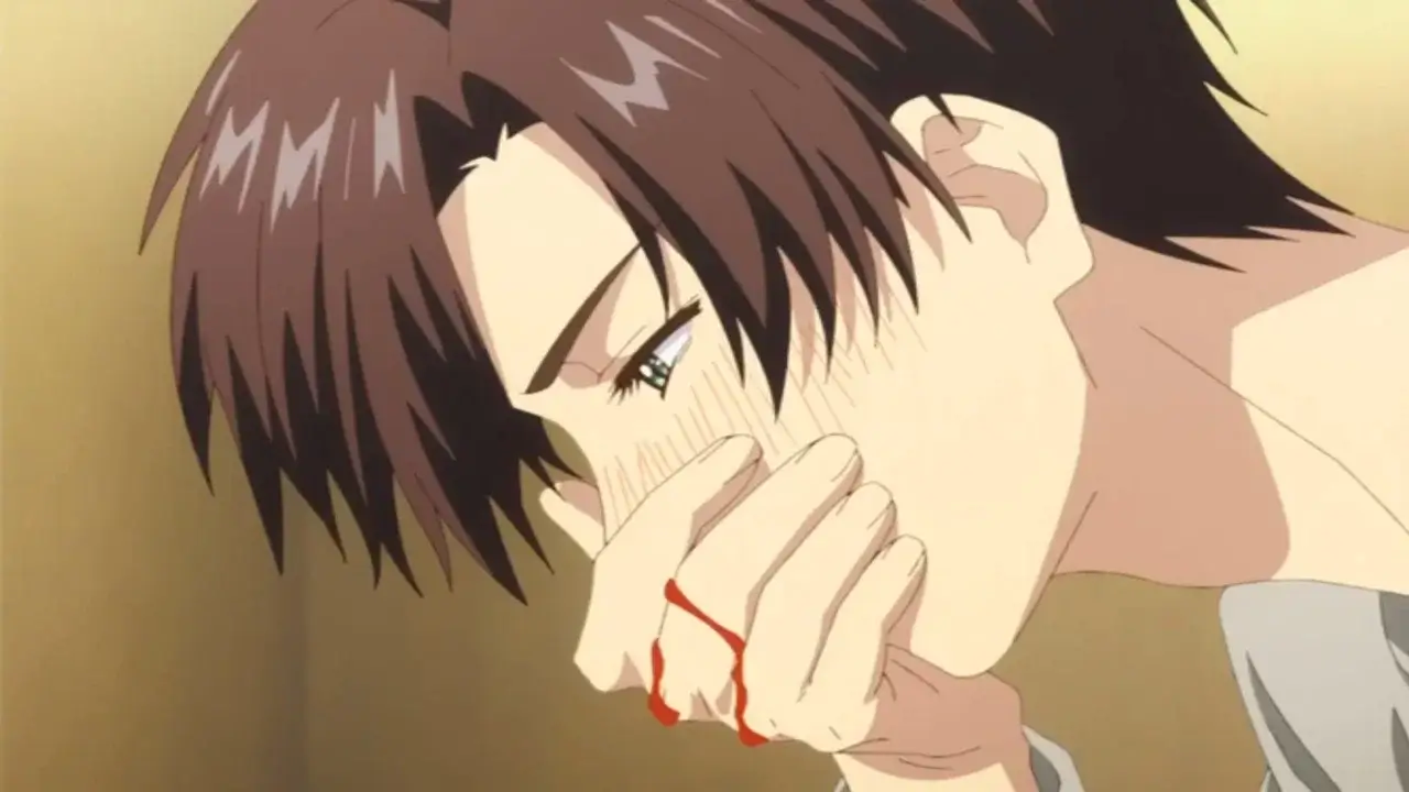 Izumi Sano de Hanakimi tapándose la nariz con sangre tras una reacción de vergüenza