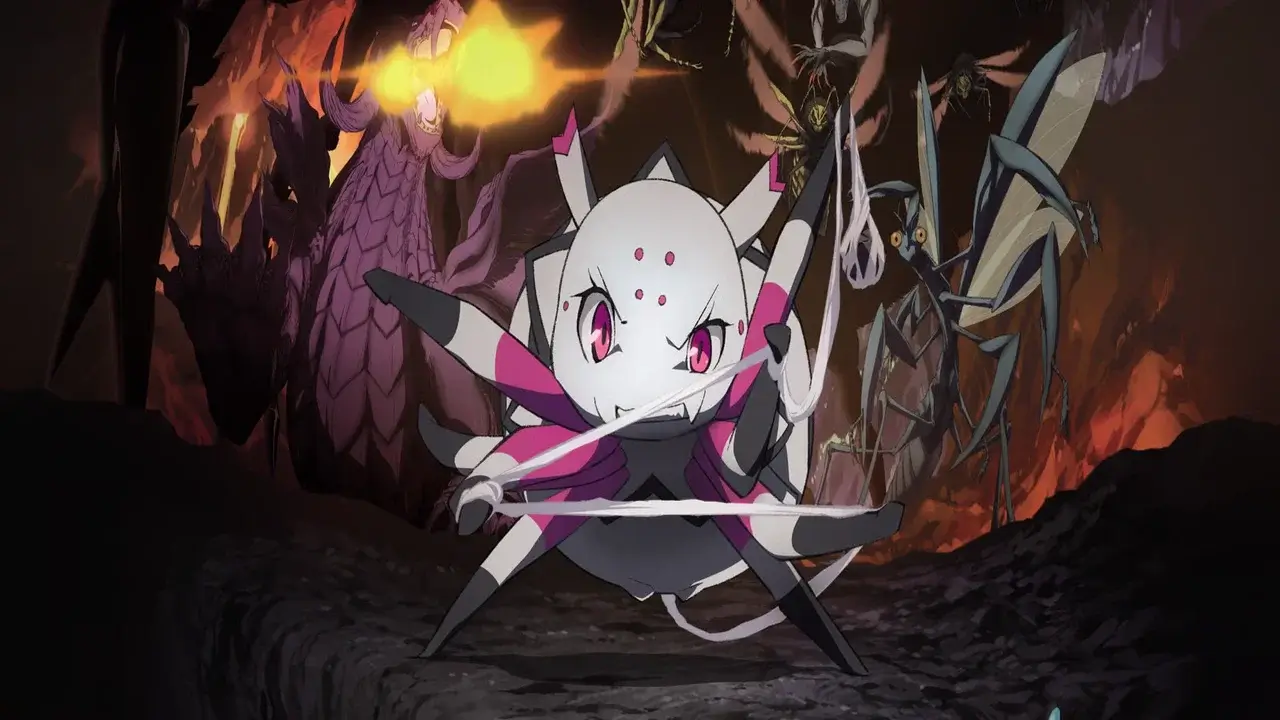 Kumoko la araña lanzando telaraña en combate dentro de una cueva, escena de acción del anime Kumo Desu ga, Nani ka?