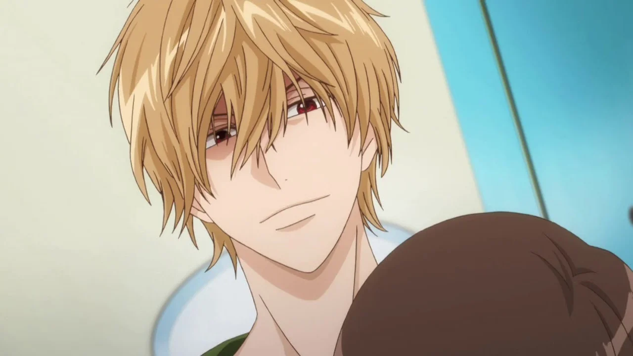 Kyoya Sata con sonrisa ladeada y mirada intensa en Ōkami Shōjo to Kuro Ōji (Wolf Girl and Black Prince), anime shōjo con Erika en primer plano