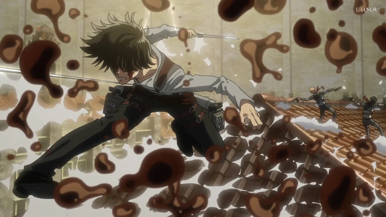 Levi Ackerman saltando entre tejados cubiertos de sangre durante el combate contra el escuadrón de Kenny en el Episodio 39 de Attack on Titan Season 3