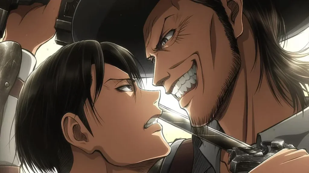 Levi y Kenny el Destripador cara a cara en un intenso duelo con cuchilla y pistola durante la persecución del Episodio 39 de Attack on Titan