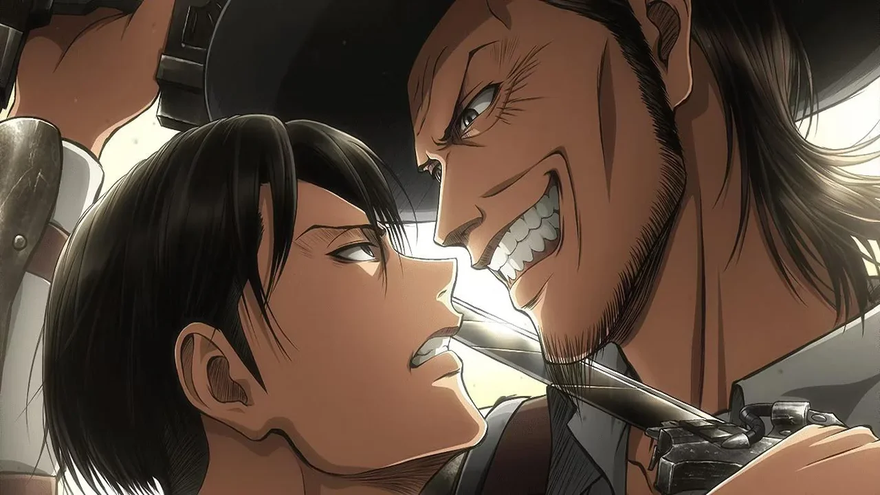 Levi y Kenny el Destripador cara a cara en un intenso duelo con cuchilla y pistola durante la persecución del Episodio 39 de Attack on Titan