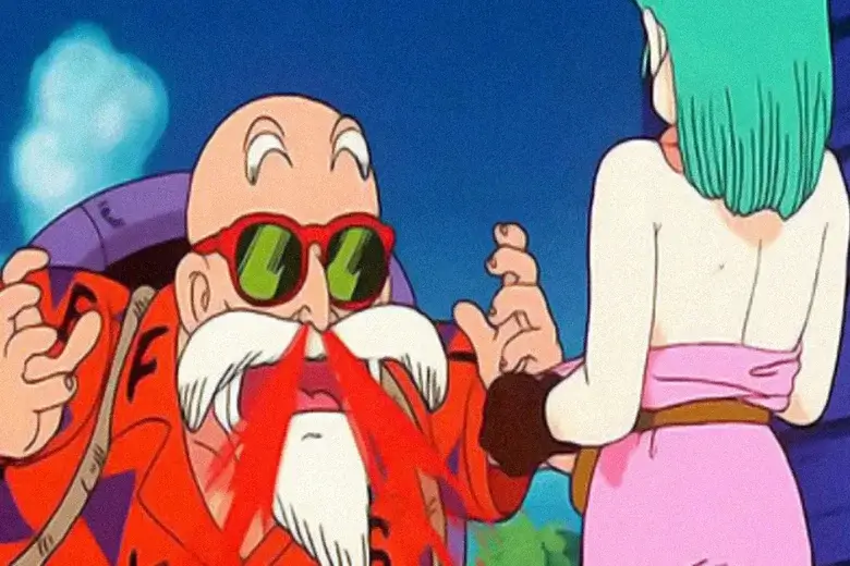 Maestro Roshi con sangrado nasal exagerado al ver a Bulma en Dragon Ball, ejemplo icónico del cliché de hemorragia nasal por excitación en el anime