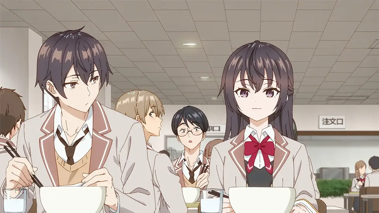 Masachika Kuze y Yuki Suou en el comedor escolar de la Academia Seiren, escena del anime Roshidere