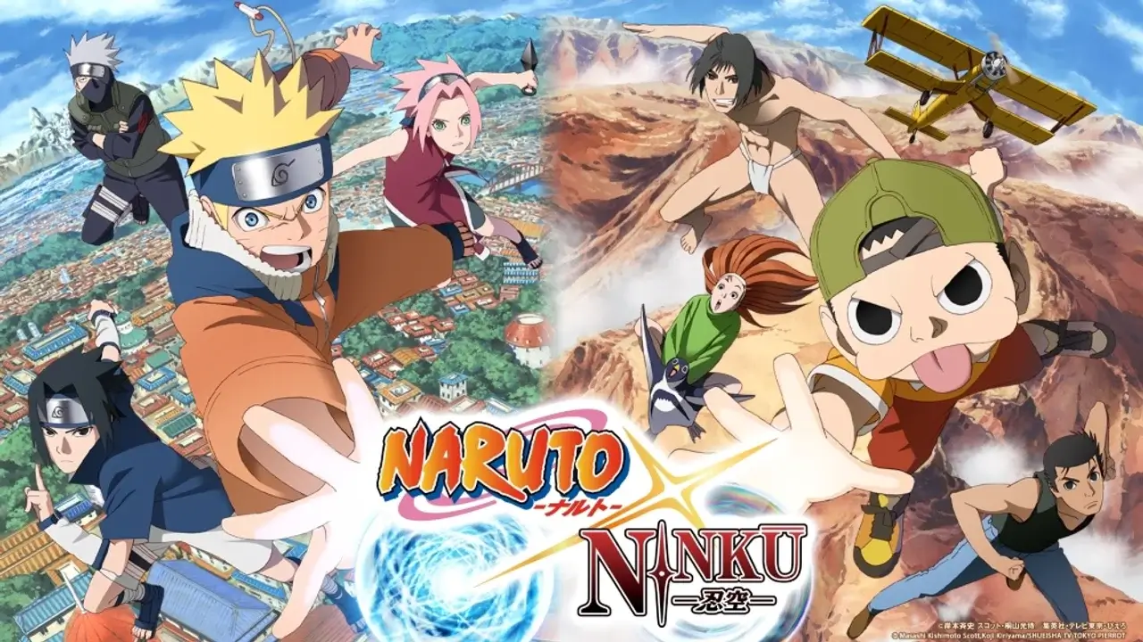 Póster oficial del crossover animado Naruto x Ninkū con Naruto, Sasuke, Sakura y Kakashi junto a los personajes de Ninkū