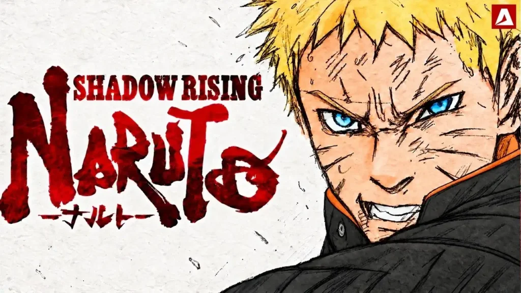 Naruto Uzumaki en primer plano con el logo oficial de Naruto Shadow Rising, el nuevo manga de Masashi Kishimoto