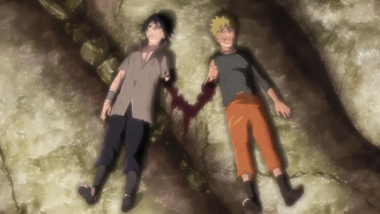 Naruto y Sasuke heridos tras su batalla final en el Valle del Fin, escena icónica de Naruto Shippuden