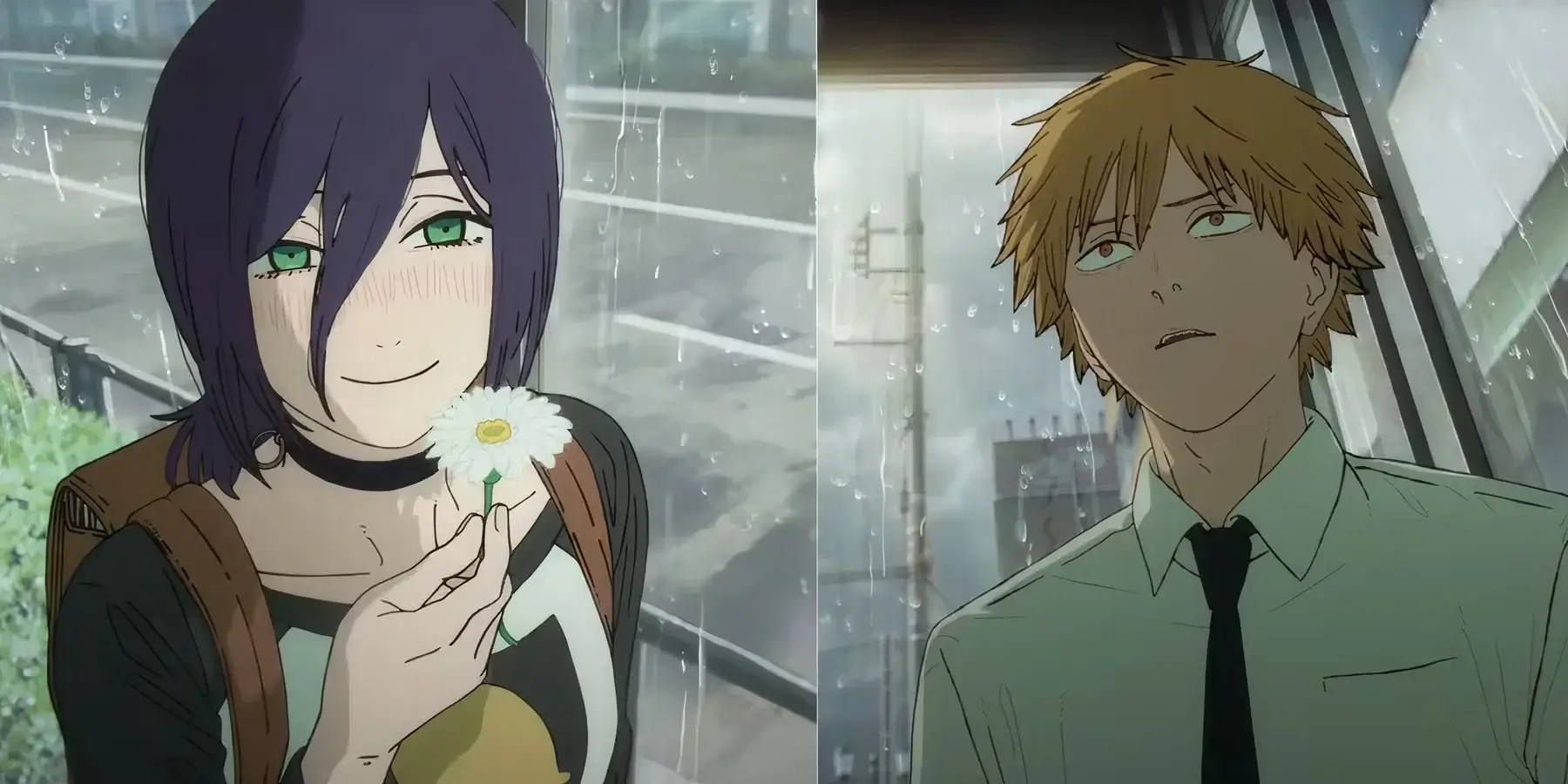 Reze sostiene una flor bajo la lluvia junto a Denji en la icónica escena romántica de Chainsaw Man: Reze Arc