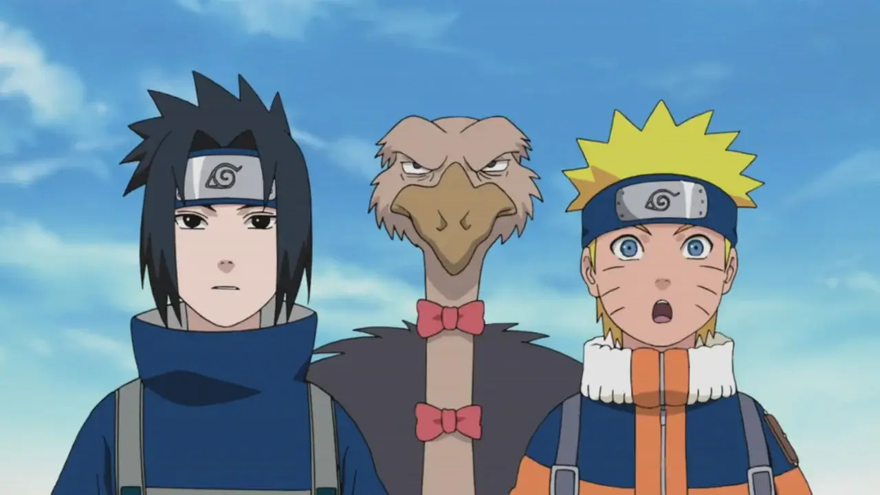 Sasuke Uchiha y Naruto Uzumaki junto Condor en relleno de Naruto