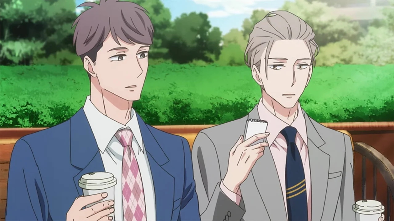 Shotaro Momose y Kentaro Shirasaki tomando café en el parque en My New Boss Is Goofy