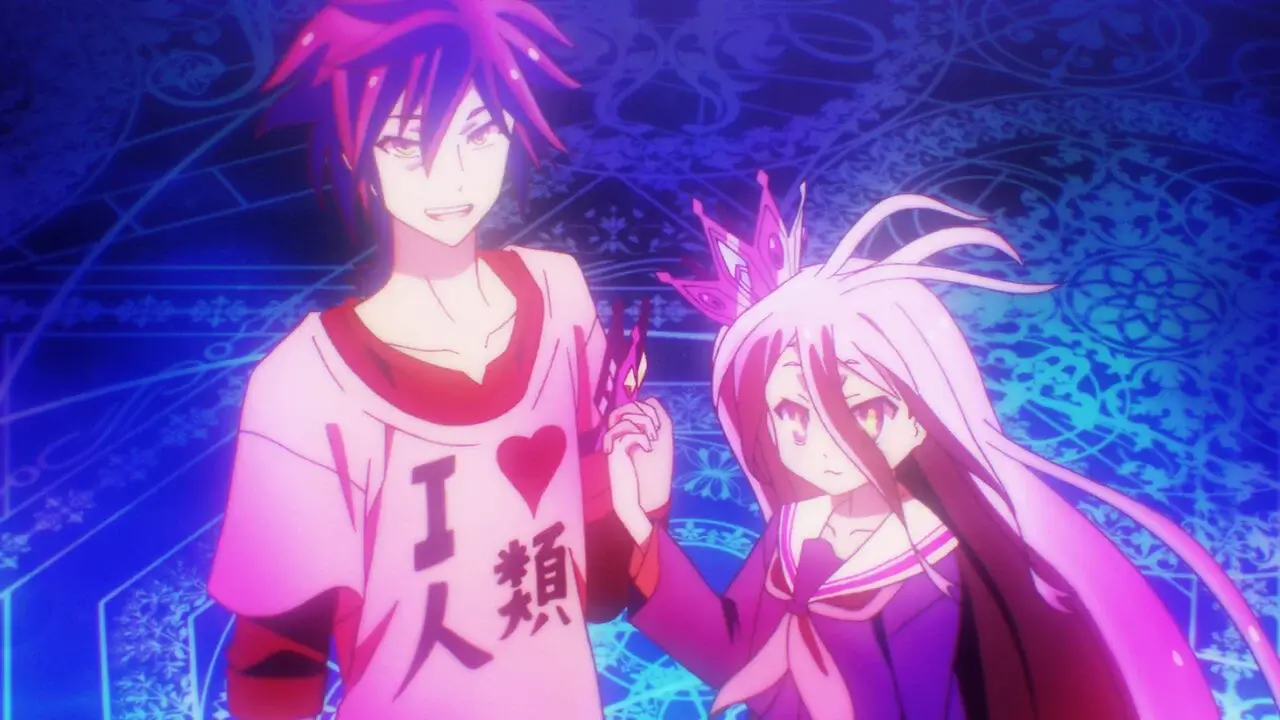 Sora y Shiro invocando un círculo mágico, protagonistas del anime isekai No Game No Life
