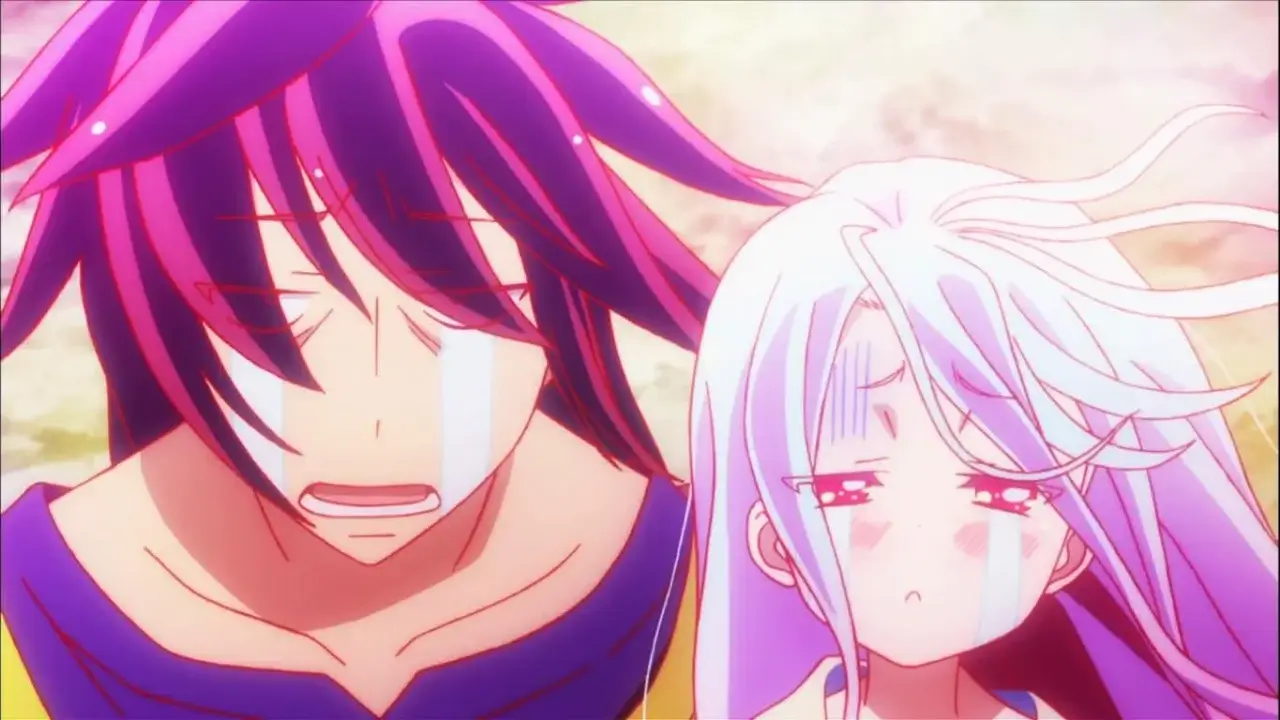 Sora y Shiro llorando de forma cómica, momento emotivo y humorístico del anime No Game No Life
