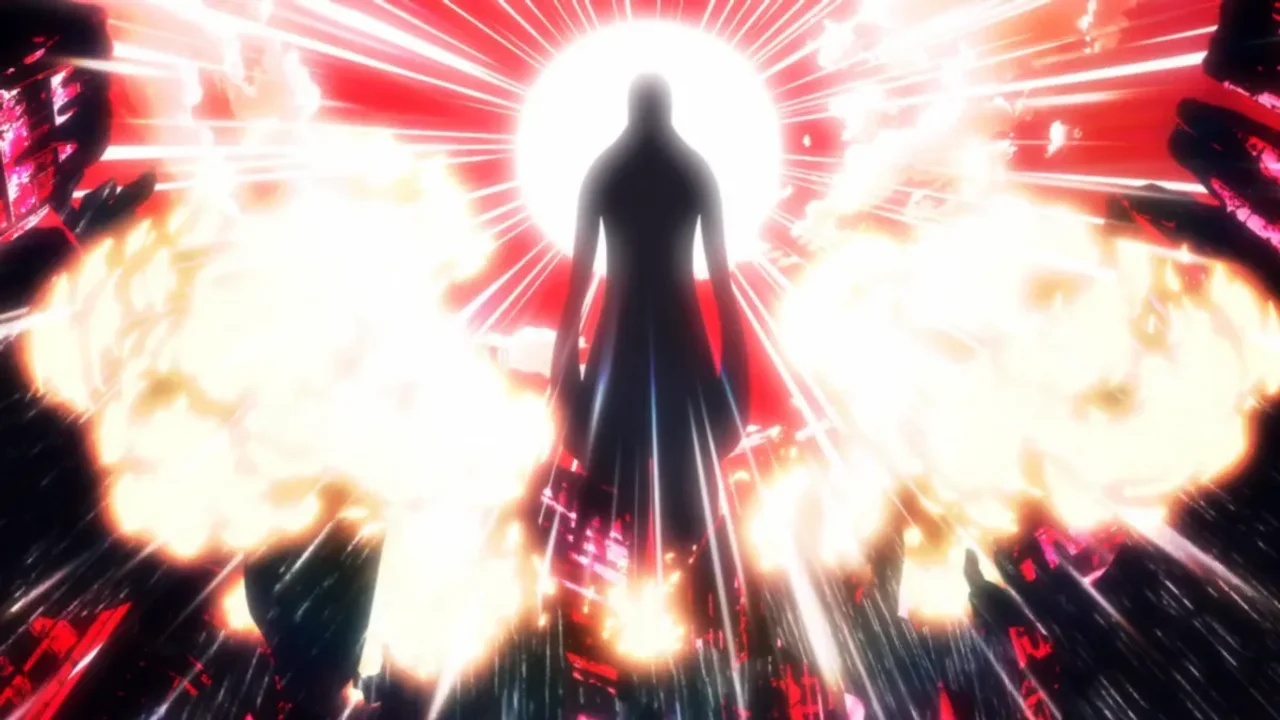 Sun, el Dios de Undead Unluck, en silueta entre explosiones y destellos rojos