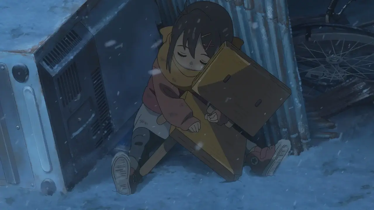 Suzume de niña durmiendo en la nieve, abrazando una silla