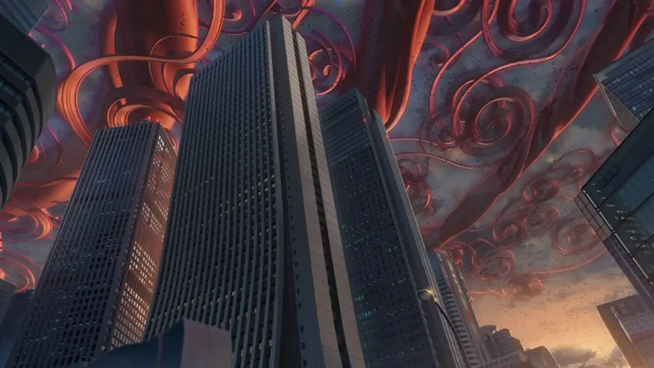 Gusano gigante sobre rascacielos en Tokio en Suzume