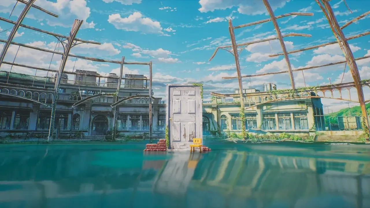 Puerta mágica en el agua, entrada a mundos desconocidos en la película Suzume