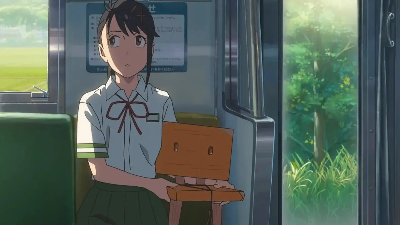 Suzume sosteniendo una silla amarilla de tres patas en un tren