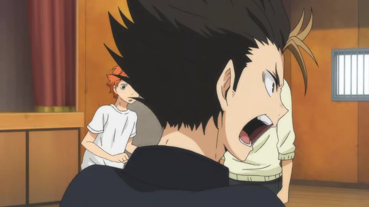 Yu Nishinoya gritando durante el entrenamiento de Haikyu!! junto a Shoyo Hinata
