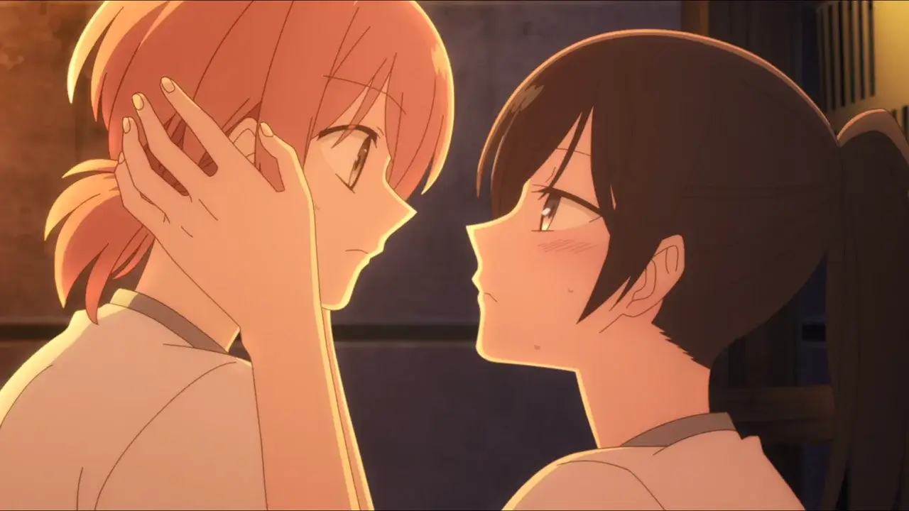Yuu Koito y Touko Nanami compartiendo una mirada cercana y romántica en el anime yuri Yagate Kimi ni Naru (Bloom Into You)
